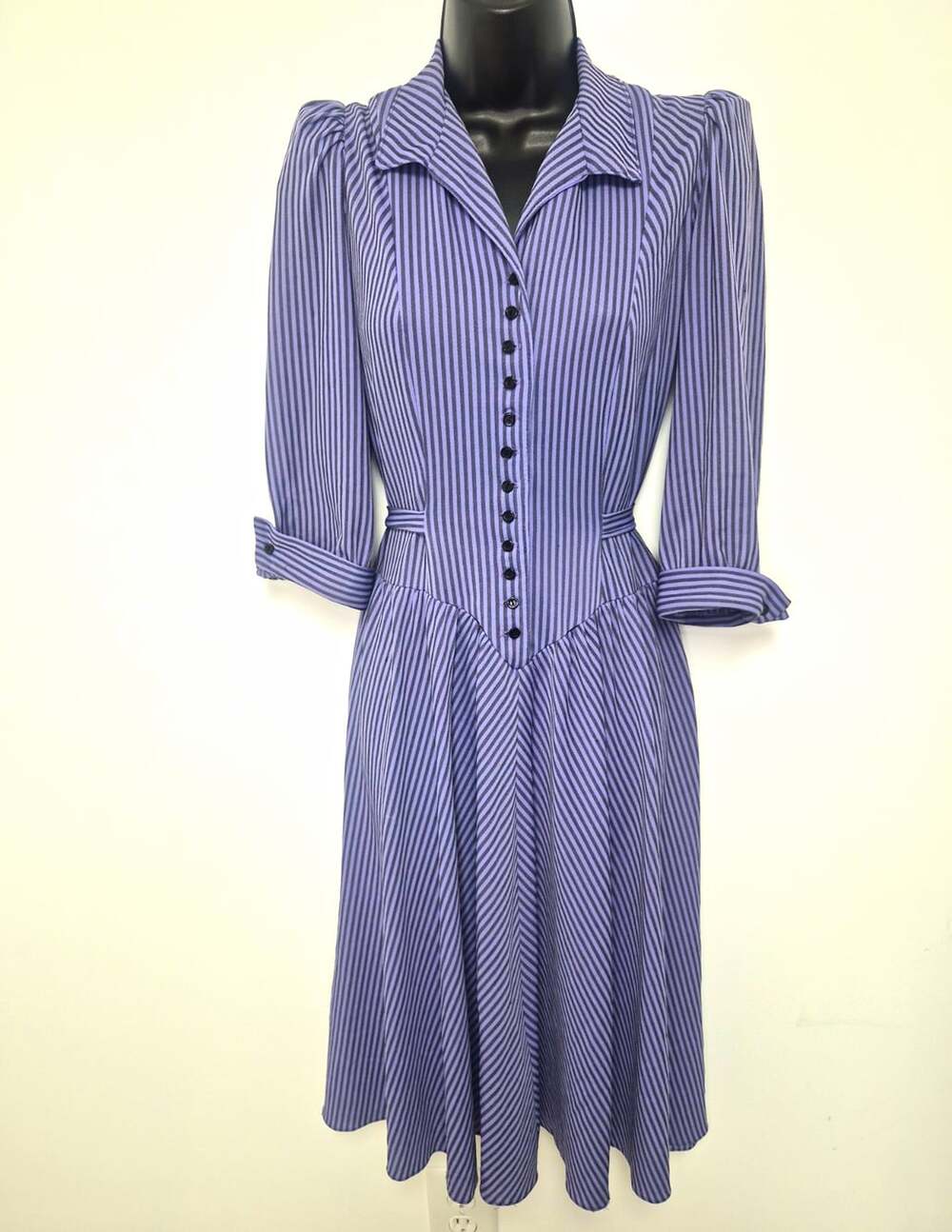 Vintage Jerri Jee Striped Basque V Waist Button Front Long Sleeve Dress sz 9